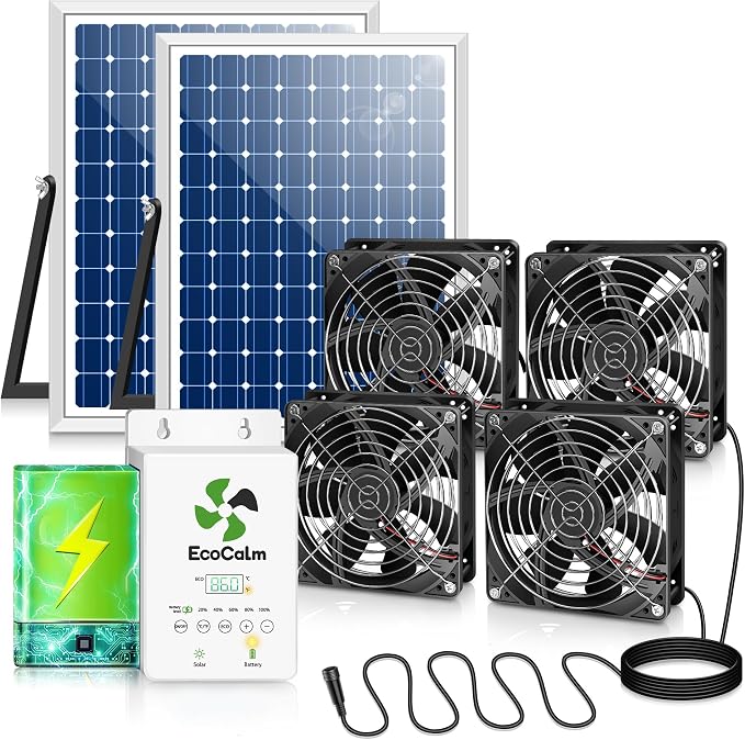 Solar Exhaust Fan for Greenhouse with Battery and Adjustable Thermostat, Solar Powered Fan with 2PCS 25W Bifacial Solar Panel & Quad 5.5" Fans Kits