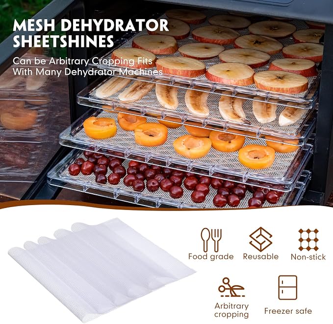 Thenshop 8 Silicone Dehydrator Mats & 10 Mesh Dryer Mats and 1 Baking Scraper, Reusable Non Stick Silicone Dehydrator Tray with Edge for Baking Fruits Meat Vegetables(Orange)
