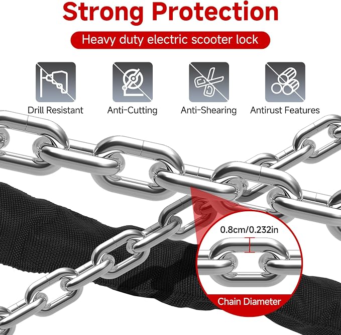 Heavy Duty Scooter Lock - 8mm Anti-Theft Chain Lock with 3 Keys, 94cm Weatherproof Security Lock for Electric Scooters, Bikes, Motorcycles