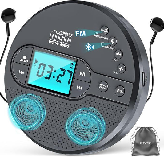 Portable CD Player with Bluetooth 2000mAh Rechargeable CD Player with FM Transmitter,Personal CD Player for Car with Anti-Skip,Headphone,LCD Screen,AUX,Built-in Stereo Speaker,USB(Dark Gray)