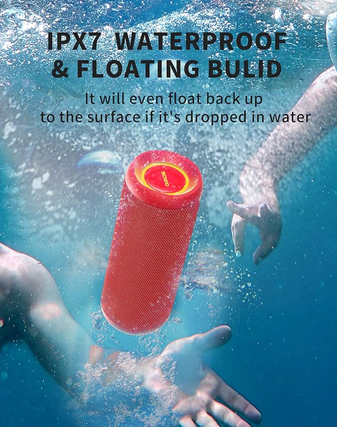 SOWO Portable Bluetooth Speaker, Waterproof IPX7, 25W Loud Wirelss Speaker | Big Audio and Punchy Bass, LED Light with TWS Pairing, 16H Playtime, Outdoor for Party, Beach, Travel, Girls Gifts - Red