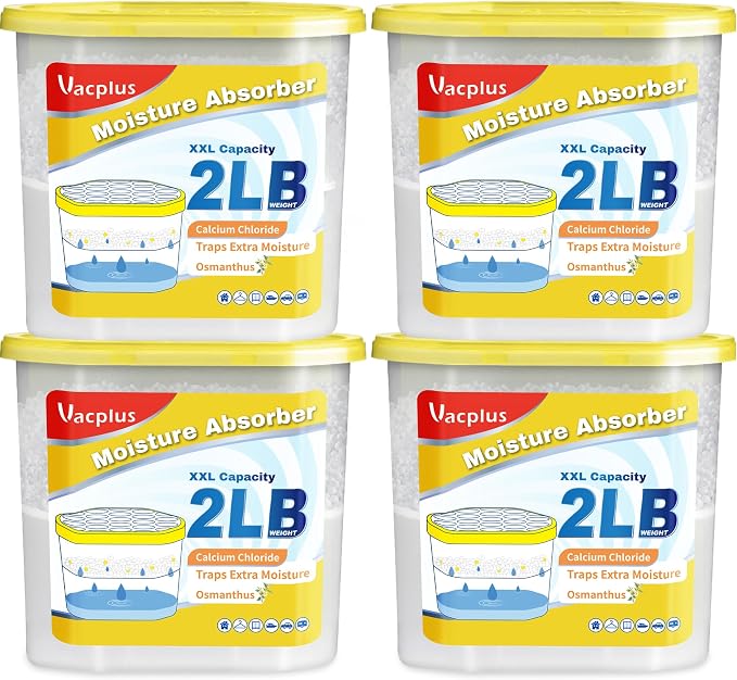 Vacplus Moisture Absorber Buckets – Large Capacity Dehumidifier and Humidity Absorber for Closet, Basement, Bathroom, RV, and Storage Areas, Osmanthus, 2 lbs, 4 Pack