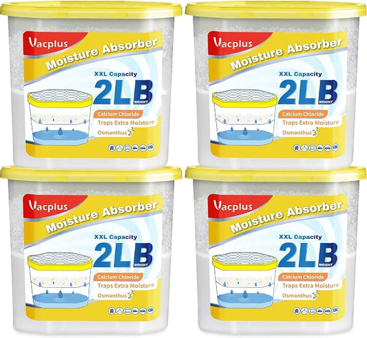 Vacplus Moisture Absorber Buckets – Large Capacity Dehumidifier and Humidity Absorber for Closet, Basement, Bathroom, RV, and Storage Areas, Osmanthus, 2 lbs, 4 Pack