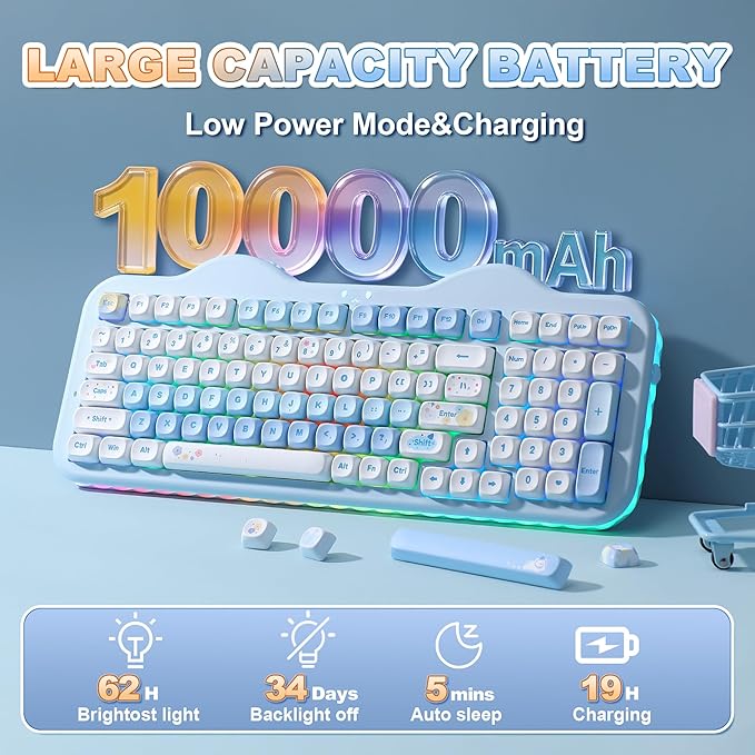 YUNZII C98 Wireless Mechanical Keyboard with Number Pad,98 Key BT5.0/2.4G/USB-C Hot Swap Gasket Mount with PBT MOA Keycaps,Custom RGB,Cute Cake Keyboard for Win/Mac (Blue, Milk V2 Linear Switch)