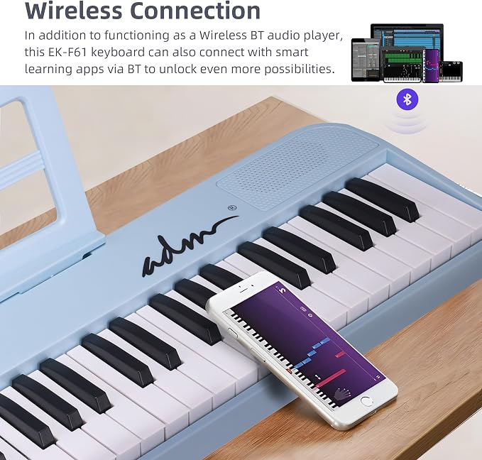 ADM 61 Key Folding Electric Piano Keyboard, Foldable Piano Electronic Keyboard, Wireless 128 Tones, 128 Rhythms Includes Pedal, Gig Bag, Headphones for Beginners, Students, Adults (Blue)