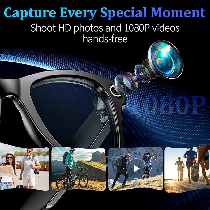 AI Smart Glasses with 8MP Camera, 1080P Video & HD Photo, Bluetooth Audio, AI Voice Assistant, Real-Time Translation, Object Recognition, Noise-Cancel Calls, Photochromic +2 Sunglasses Lenses