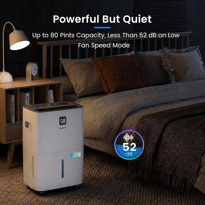 Yaufey 5000 Sq.Ft. Energy Star Certified Dehumidifier, Max 80 Pints Dehumidifier for Basement with Drain Hose, Smart Compressor with Intelligent Humidity Control, Dehumidifiers for Home Bedroom