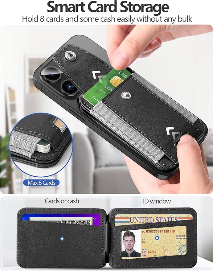 HiWe for Magsafe Wallet Stand with Privacy Flap, Strongest Magnetic Wallet for iPhone 17/16/15/14/13/12 Series, 9 Cards Holder, ID Window, Leather RFID, 3 Slots, Black