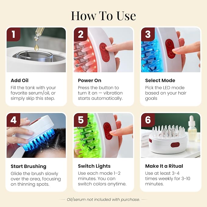 7-1 Red Light Hair Brush Comb | Vibrating Electric Red Light Scalp Massager + Oil Applicator for Fuller-Looking Hair Care | Scalp Massage for Head Spa | Portable, Cordless & Waterproof