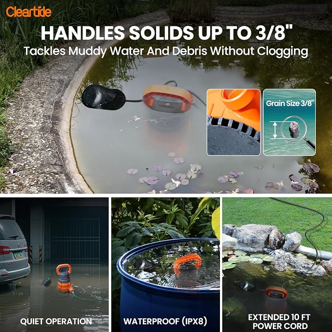 Cleartide Submersible Water Sump Pump with Float Switch, 1/2 HP 3060 GPH High Flow, Ideal for Yard and Flooded Cellar, Hot Tub, Garden Irrigation, Debris-Handling up to 3/8"