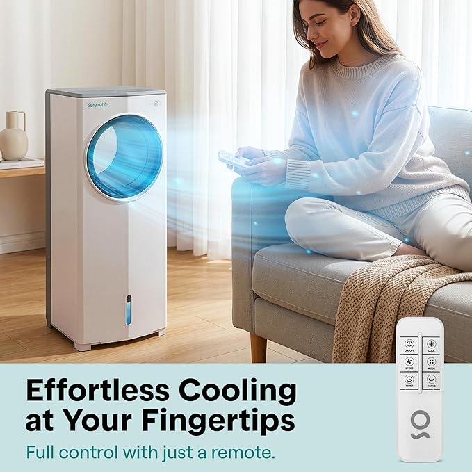 SereneLife Portable Evaporative Air Cooler with 4L Detachable Water Tank, 1800 CFM Evaporative Cooler with Remote & Ice Packs, Indoor Outdoor Air Cooler Portable for Room Use, (White & Gray)