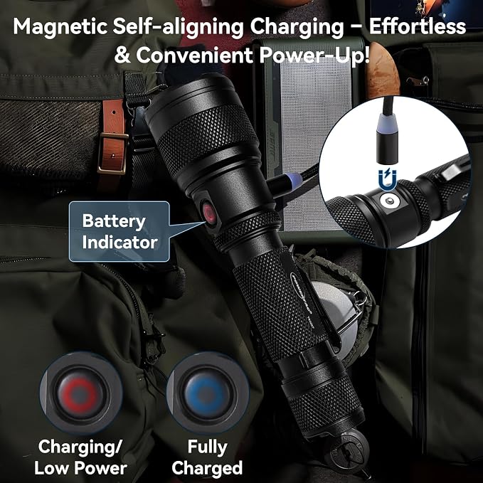 Powertac Flexbeam Tactical Flashlight – 700m Long Throw Zoomable LED, 1200 Lumens, 6 Modes, Rechargeable, Waterproof EDC Torch with Memory Function, Clip & Momentary On for Hunting, Outdoor, Emergency