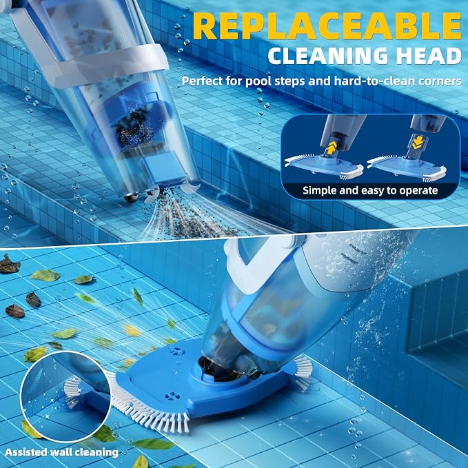Cordless Pool Vacuum Above & Inground Pools, Powerful 1590 GPH Suction,Handheld Telescopic Pole up to 85.45", 1H Runtime, 2L Debris Bin, Rechargeable Pool Cleaner for Spas & Hot Tubs (Blue&Grey)