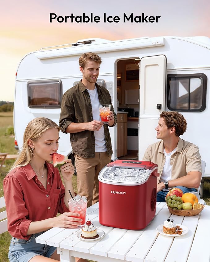 EUHOMY Countertop Ice Maker Machine with Handle, 26lbs Per Day, 9 Ice Cubes Ready in 6 Mins, Auto-Cleaning Portable Ice Maker with Basket and Scoop, for Home/Kitchen/Camping/RV (Red)