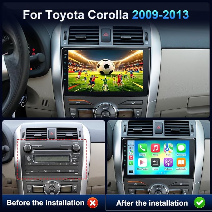 Car Stereo Radio for Toyota Corolla 2009-2013, Wireless Carplay Andorid auto Mirror Link 9Inch Touchscreen GPS Bluetooth 5.0 FM/RDS EQ-32 SWC