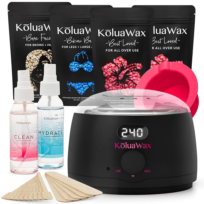 KoluaWax Premium Waxing Kit for Women - Beginner Friendly - Complete Wax Kit that includes 14oz of Wax Beads, Applicator, Pre and Post Care, Suitable for Sensitive Skin (Black) - Mothers Day Gifts