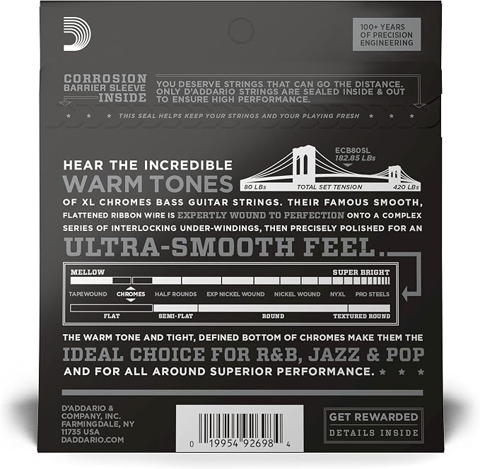 D'Addario XL Chromes Flat Wound Bass Guitar Strings - ECB80SL - Super Long Scale - Super Light, 40-95
