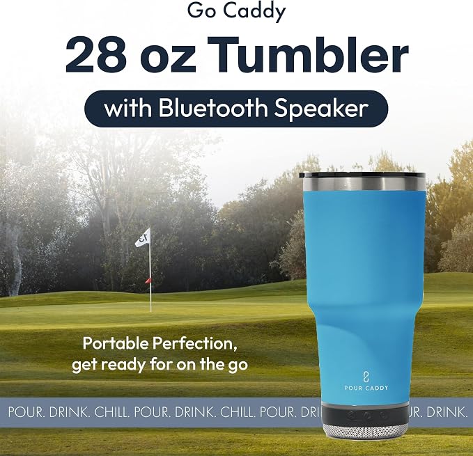 Vibe 28 oz Tumbler with Bluetooth Speaker, Insulated Stainless Steel Travel Cup with Lid, Hot & Cold Drink Beverage Container, Removable Speaker with Microphone, Rubber Base, Water Blue
