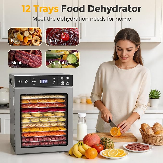 Suteck 12-Tray Food Dehydrator, 800W Dehydrator Machine with Stainless Steel Trays, Dual Fans & 360° Airflow, Digital Temp & Timer Control with 4 Presets, Quiet Dryer for Jerky, Fruit, Meat, Herbs