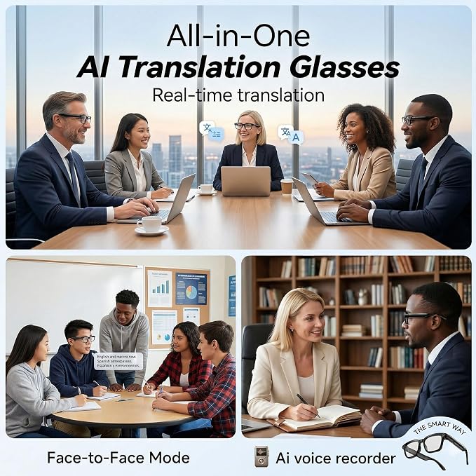 AI Smart Camera Glasses, 1080P HD POV Video Recording and Translator, Object Recognition, Bluetooth Audio for Music Calls, 290mAh Battery, Photochromic Lenses for Vlog, Travel and Work