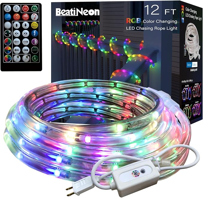 RGB Strip Lights with IR Remote Control, 12FT 72LEDs RGB LED Outdoor Rope Lights, 13MM Waterproof Neon LED Lights 500+ Colors for Bedroom Living Room Patio Christmas Decor (12ft)