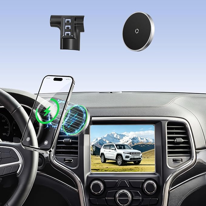 Phone Mount for Jeep Grand Cherokee (2014-2017 2018), Magnetic Phone Holder, Magsafe Car Mount Charger, Dashboard Phone Holder, 15W Wireless Fast Charging for iPhone, Samsung & Google, Car Accessories