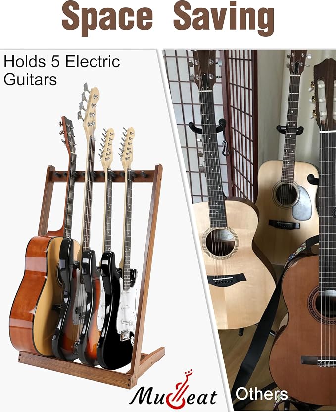 Multiple Guitar Stand, Zebra Wood Guitar Rack for 3 Acoustic, 5 Electric or 5 Bass, Hardwood Multi Instrument Stand for Men, Wooden Floor Instrument Racks for Studio Display, Home Decor