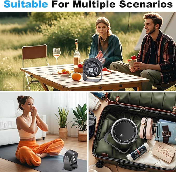 Small Desk Fan Battery Powered - Black Low Noise Quiet Portable Gentle Blowing without Headaches for Office Bedroom Sleep Living Room Table Top Wall Hanging Kitchen Travel Camping 5-Speed 360 Rotation