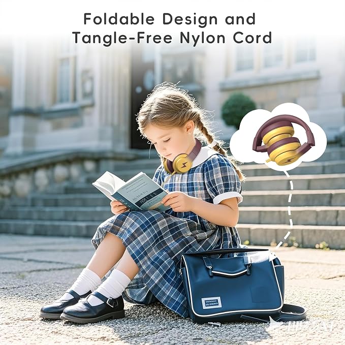 Candy Bila Kids Headphones, Wired Headphones for Kids Over Ear with Microphone, 85/94dB Volume Headphone for Girls Boys, Foldable Headphone for Learning, Gradient Brown and Yellow