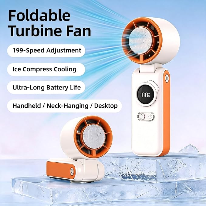 Handheld High Speed Turbo Ice Fan,with Semiconductor Ice Cooling,199 Speed/26550RPM,6000mAh USB Rechargeable,3-in-1 Mini AC Fan(Hand/Neck/Desk),Portable Personal Fans for Outdoor Travel Beach(Orange）