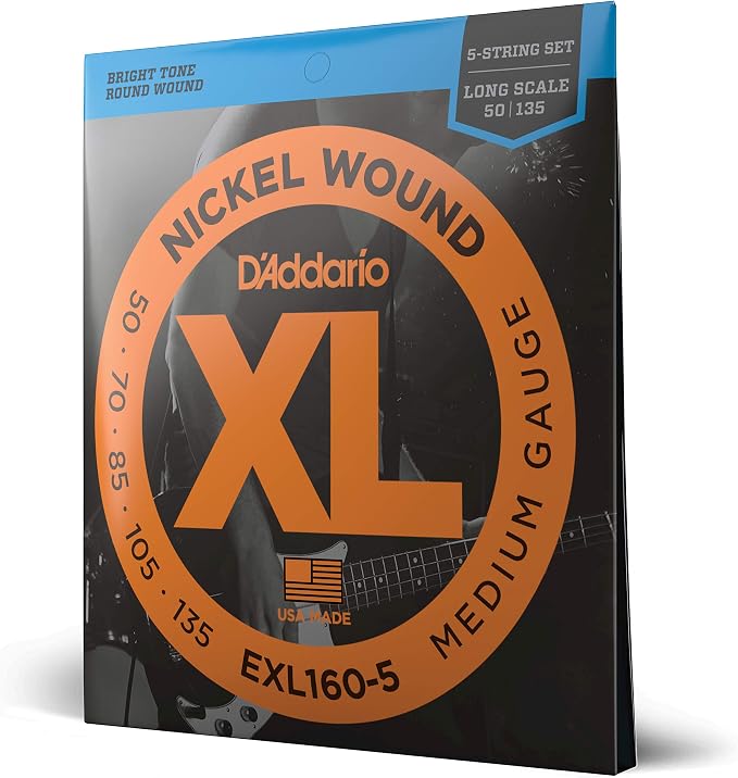 D'Addario Electric Bass Guitar Strings, XL Nickel, EXL160-5, Medium Gauge 50-135, Long Scale, 5-String Set, Pack of 1