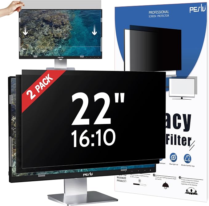 Peslv [2-Pack] 22 Inch Privacy Screen for Computer Monitor 16:10 Aspect Ratio, Eye Protection Anti Blue Light Glare Shield, 22inch Removable Black Blackout Anti Spy Desktop Security Private Filter