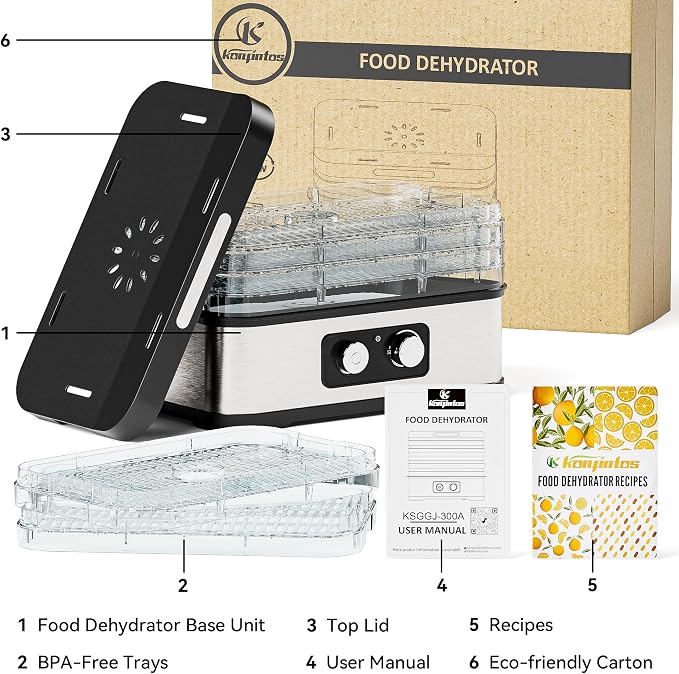 Compact Food Dehydrator Machine for Jerky & Fruit, 250W Small Food Dryer, 5 Stackable BPA-Free Trays with Temperature Control for Beef and Deer Jerky, Mushroom, Herbs & Pet Treats, 72H Max