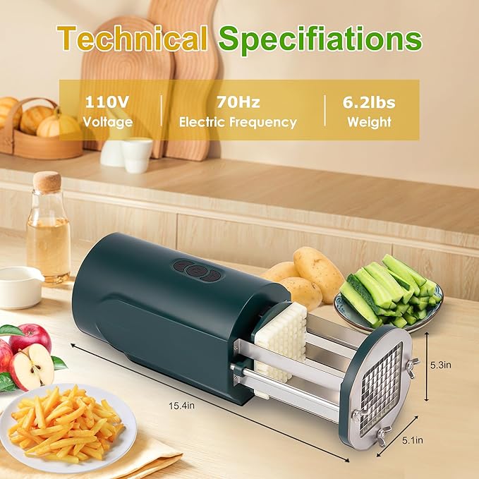Electric French Fry Cutter, Automatic Professional Potato Stainless Steel Cutter with 1/2 & 3/8 Inch Blade for Potatoes, Carrots, Vegetable (GREEN)