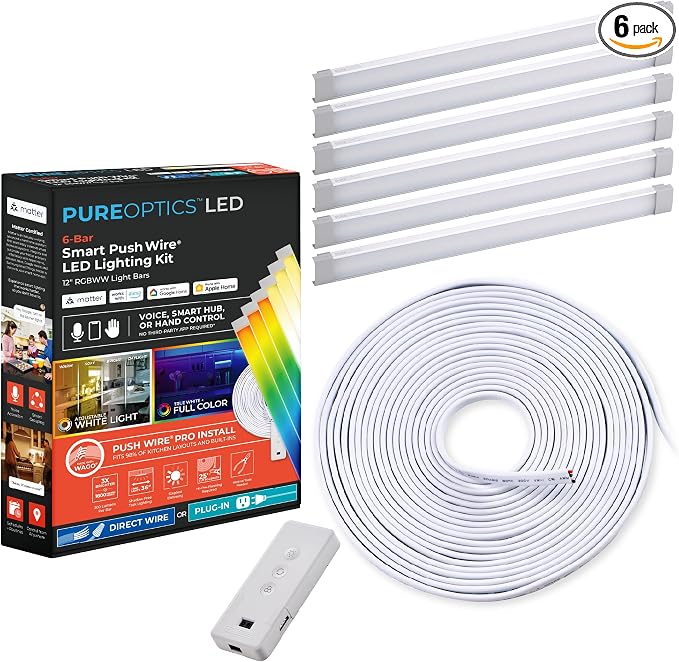 PureOptics LED Professional Push Wire® Matter Certified Smart Under Cabinet Lighting Kit, Adjustable White and RGB LEDs, Works with Alexa, Apple Home, Google Home, (6) 12" Bars