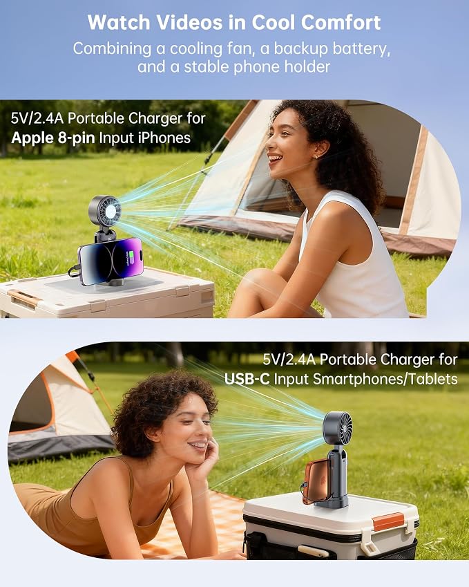 Portable Handheld Personal Fan with USB-C & iOS Cables 5V/2.4A Fast Charging for Cellphone/Tablet, 20H Cooling Time, Foldable Design with Phone Stand for Camping Travel Outdoor (2, Black+Beige)