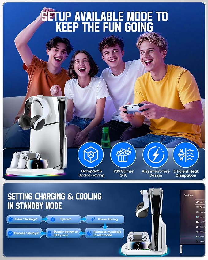 Cooling Station with Controller Charger for PS5/Slim/Pro, PlayStation 5 Vertical Stand for Disc & Digital Console, Dual PS 5 Controller Charging Station with 3 Level Cooling PlayStation 4 Chargers