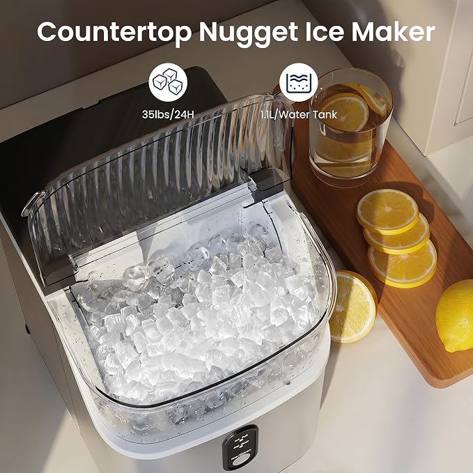 Antarctic Star Nugget Ice Makers Countertop with Handle, 35lbs/Day, Portable Sonic Ice Machine with Auto-Cleaning, Basket and Scoop for Home/Kitchen/Office/Camping(Stainless Steel Silver)