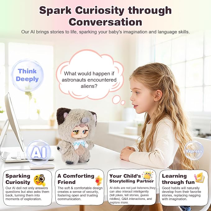 𝐀𝐈-𝐩𝐨𝐰𝐞𝐫𝐞𝐝 Plush Interactive Toy with Multiple Languages Switchable, Mini Communicatible Companion Bauble, Creative Simulated Rechargeable Doll Plaything for Kids Children Ages 3+ (8" High)