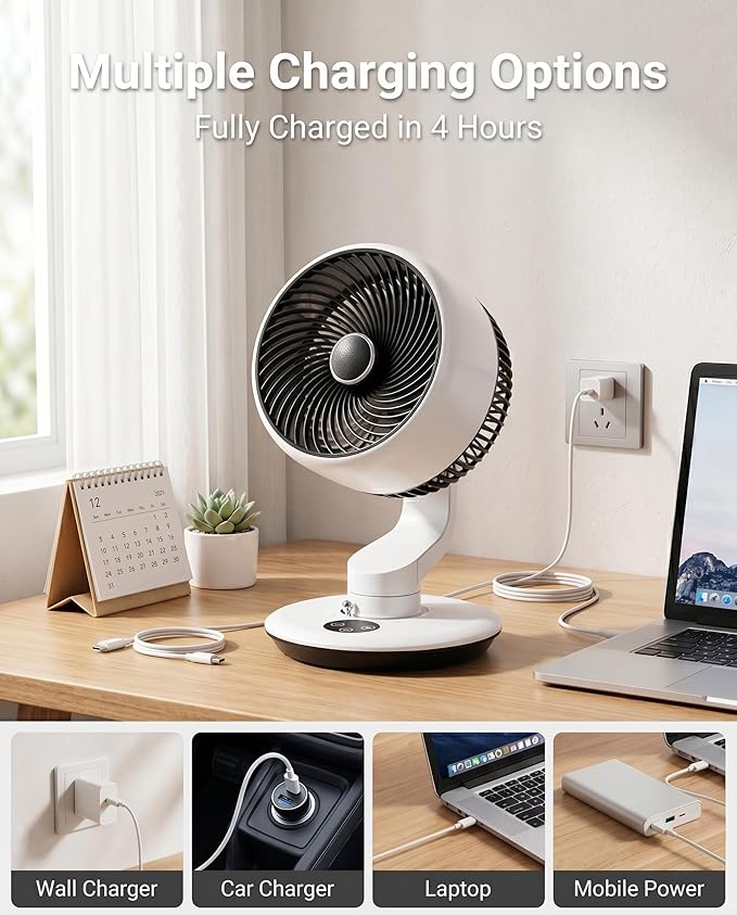 Desk Fan for Office, Rechargeable Air Circulator Fan for Bedroom Cooling, Ultra Quiet Battery Powered Table Fan, 5 Speeds, 9H Timer & 120°Oscillating Smart Portable Fan for Dorm, Home, Kitchen