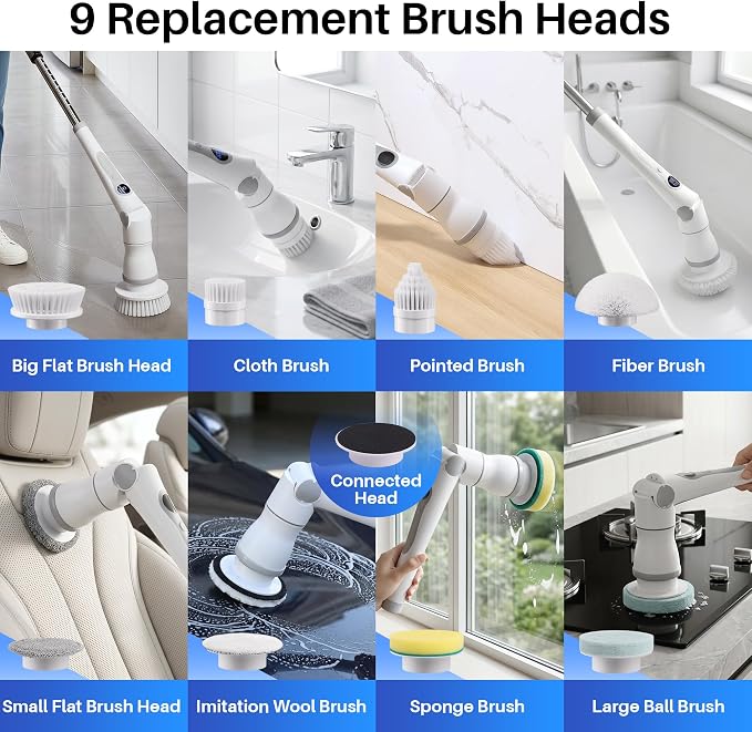 JOYMOOP Electric Spin Scrubber, 450 RPM Cordless Cleaning Brush with Power LCD Display, 9 Brush Heads Waterproof Power Scrubber with 90-Min Runtime, Adjustable Long Handle for Bathtub, Floor, Kitchen