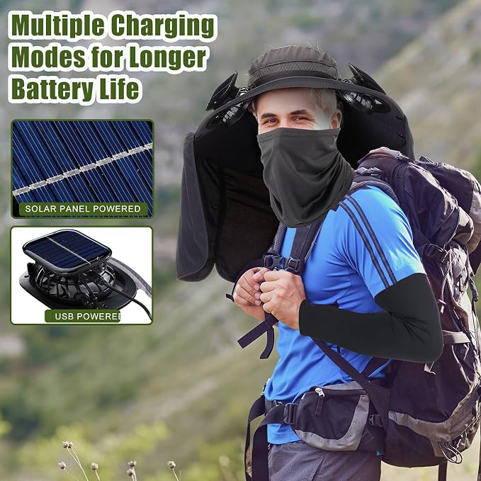 3 Pcs Solar Fan Hat with Arm Sleeves Neck Gaiter Wide Brim Sun Hat Solar Powered USB Charging for Men Women