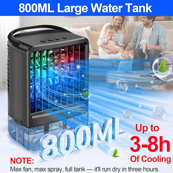 Portable Air Conditioners Cooling Fan,800ML Mini AC with Cool Mist, Small Portable Air Cooler with Handle,3 Speeds, 2/4H Timer, 7 Color LED Light, Quiet Desk Fan for Bedroom Home Office Room Outdoor