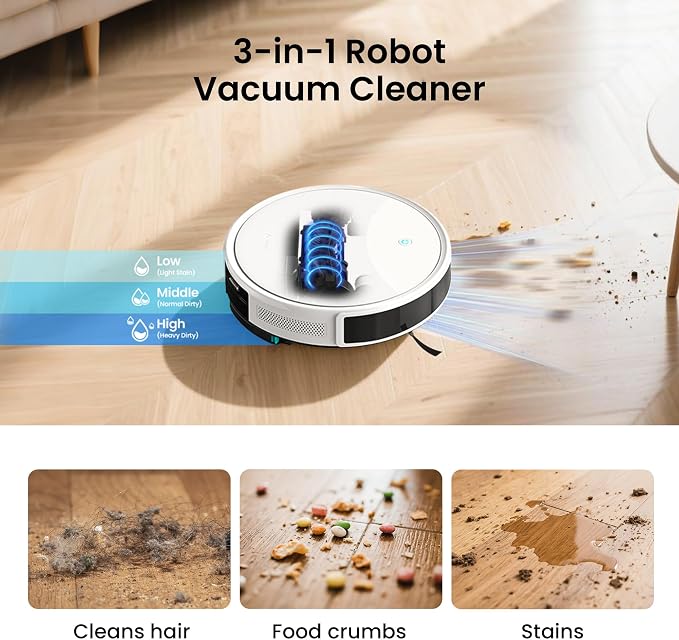 Lefant M350 Robot Vacuum and Mop Combo, 75-Day Self-Emptying, 190° PSD Obstacle Avoidance,6000Pa Suction，Quiet,Smart Navigation,Self-Charging, for Hard Floor, Carpet, Pet Hair,150 Min Runtime.White