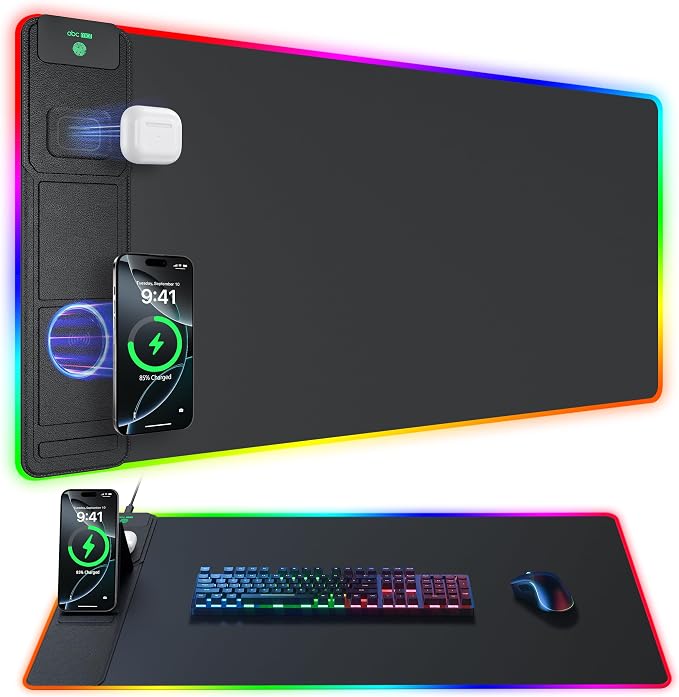 RGB Gaming Mouse Pad with Wireless Charging & Phone Stand, 31.5"x15.8" Large, 24 Light Effects, Non-Slip Base, Waterproof Ultra-Smooth Surface, with Adatper, No Adatper