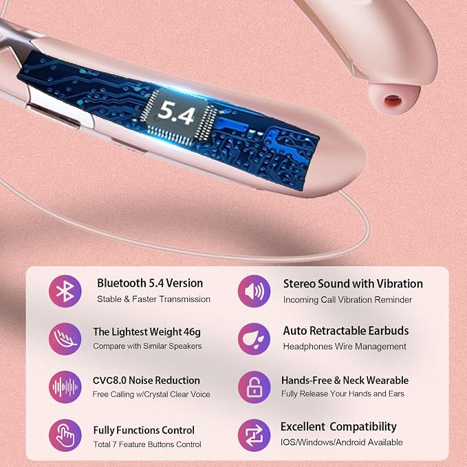 Gardway Neckband Bluetooth Headphones, Bluetooth 5.4 Wireless Headphone with Retractable Earbud,16Hrs Playtime, IPX5 Sweatproof, Around The Neck Headphones Stereo Headset (Rosegold 2026)