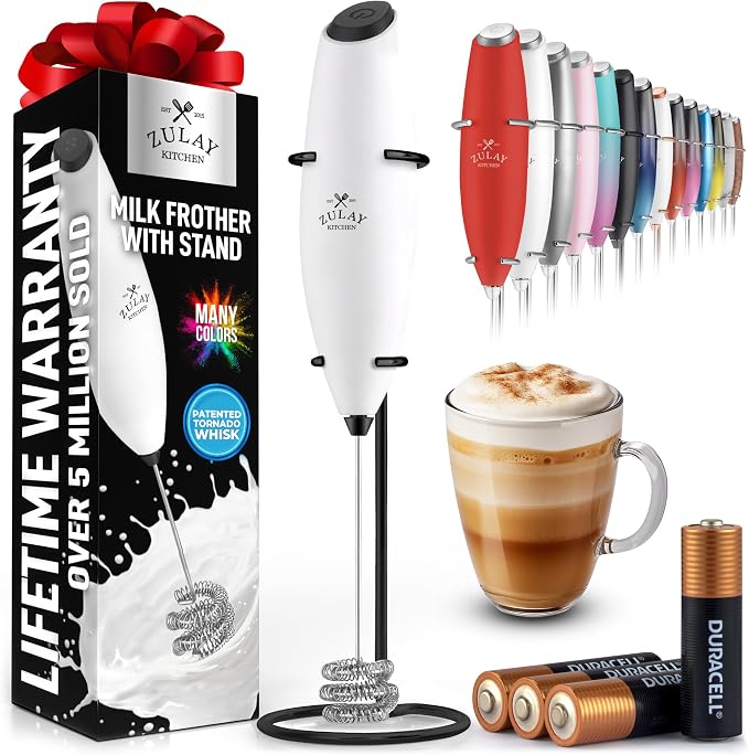 Zulay Kitchen Powerful Milk Frother Wand With Duracell Batteries - Ultra Fast Handheld Drink Mixer - Electric Whisk Foam Maker for Coffee, Lattes, Cappuccino & Matcha - Triple Whisk - White & Black