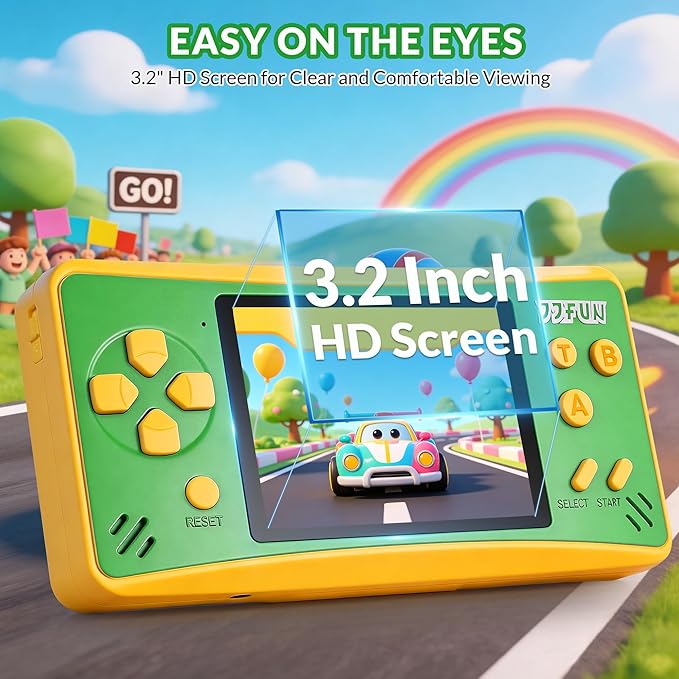 Handheld Game for Kids,Preloaded 168 Retro Video Games, Portable Gaming Player with 3.2" HD Screen, Mini Arcade Electronic Toy with Rechargeable Battery,Travel Toy Gifts for Boys Girls(Green)