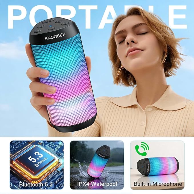 Portable Bluetooth Speaker, 20W Stereo Loud Sound, 8 Modes LED Light Show, 30H Playtime, IPX4 Waterproof, TWS Pairing, Built-in Mic, BT5.3 Wireless Speaker for Outdoor, Party, Travel, Home, Ideal Gift
