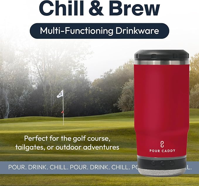 Vibe 4 In 1 Chill and Brew Bluetooth Speaker Cup, Insulated Can and Bottle Holder for Hot or Cold Drinks, Double Wall Stainless Steel Drinkware, Fits 12 oz Cans or 14 oz Liquid, Red